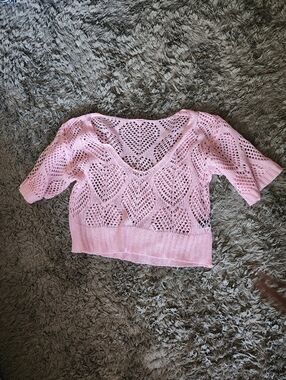 SHEIN Pink Open Knit V-Neck Cropped Sweater